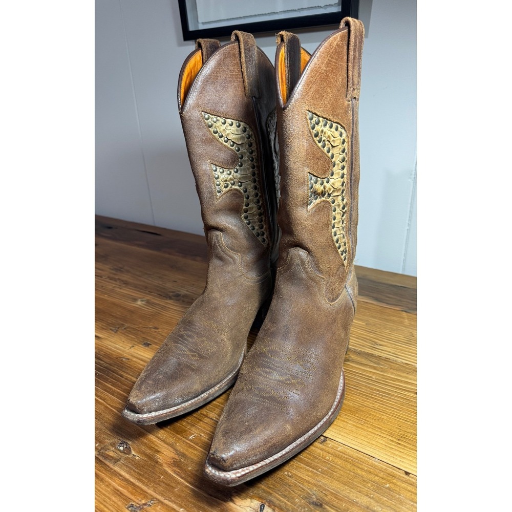 Frye Brown Leather Studded Western Heeled Boots - Picture 5 of 16